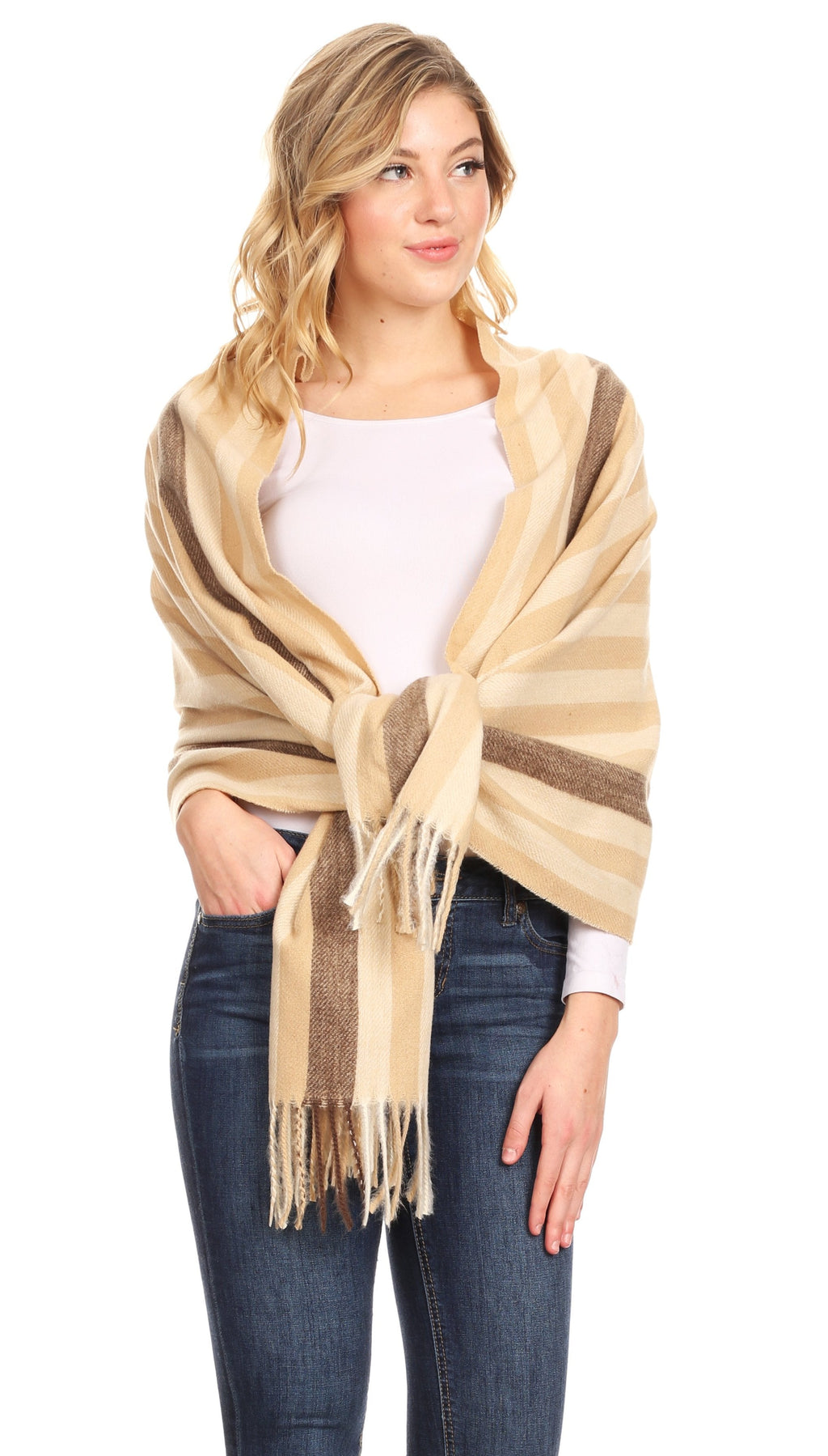 Women's pashmina shawl wrap scarf, beige with striped trim and long fringe
