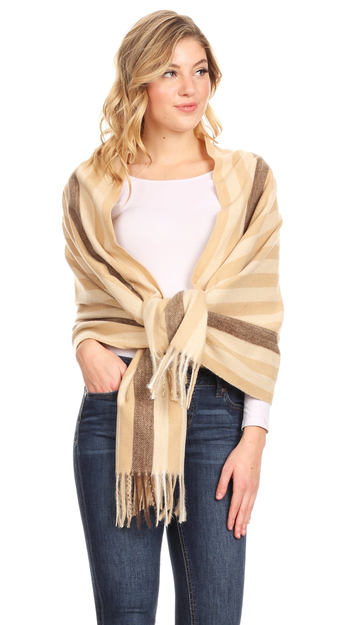 Women's pashmina shawl wrap scarf, beige with striped trim and long fringe