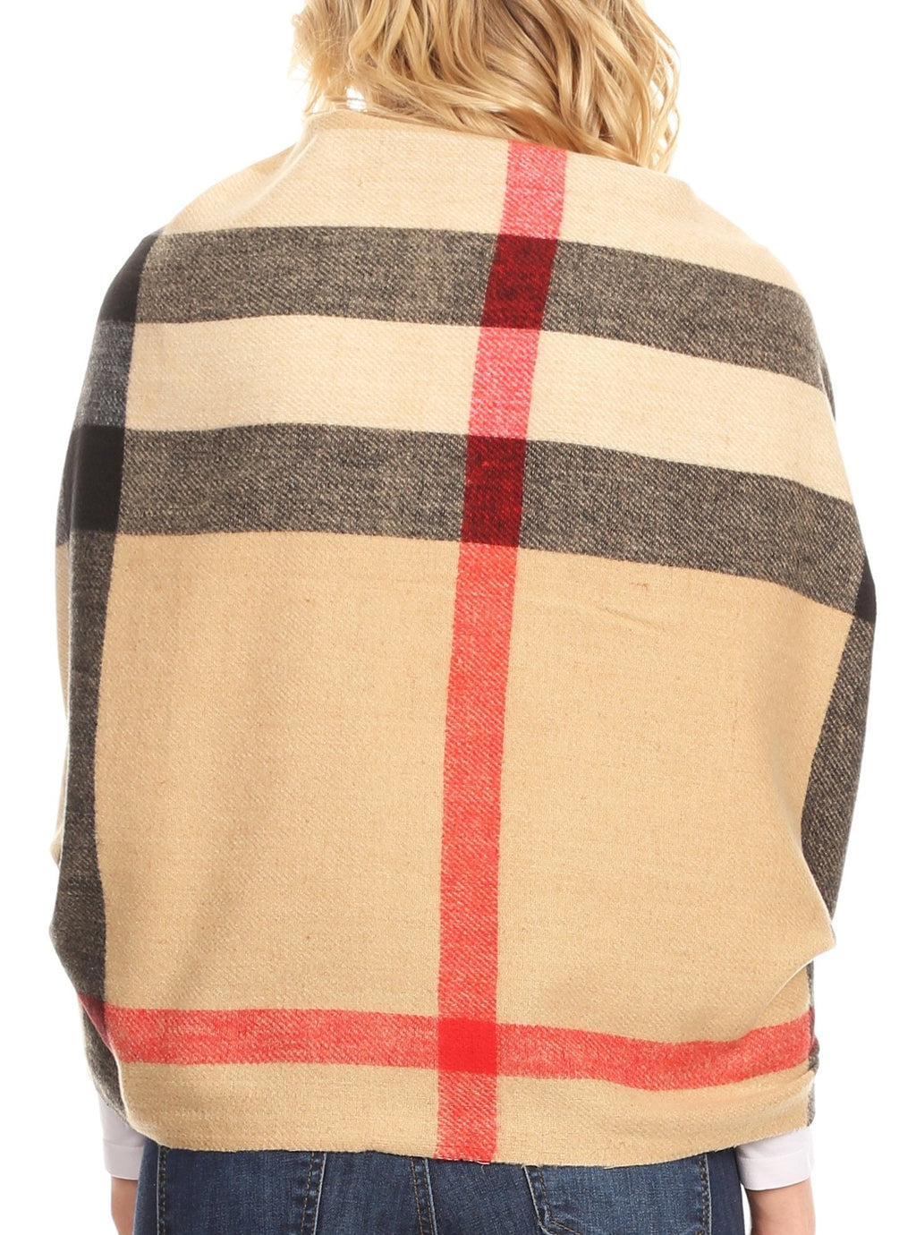 Womens plaid pashmina shawl wrap scarf, back view with tan, black, and red check pattern