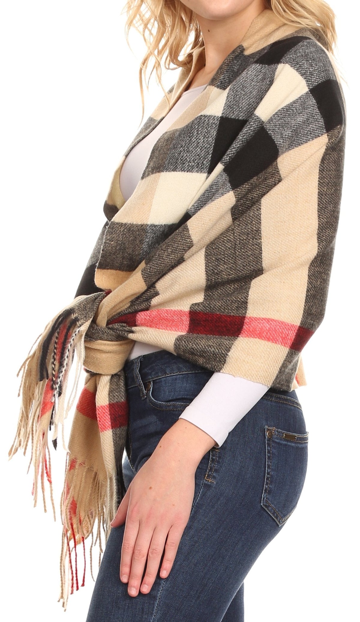 Womens plaid pashmina shawl wrap scarf with fringe, beige and black stripes with red block