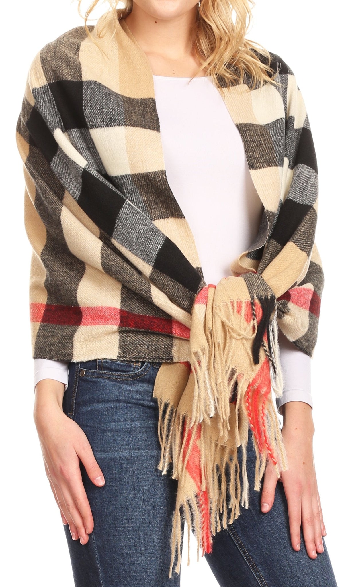 Womens plaid pashmina shawl wrap scarf with fringe, beige/black-and-red color block
