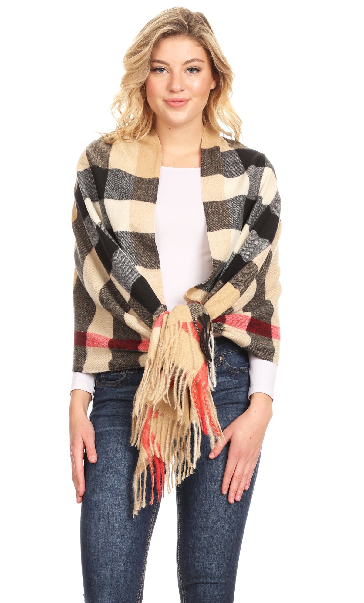 Womens plaid pashmina shawl wrap scarf with fringe, beige, black, and red stripe pattern