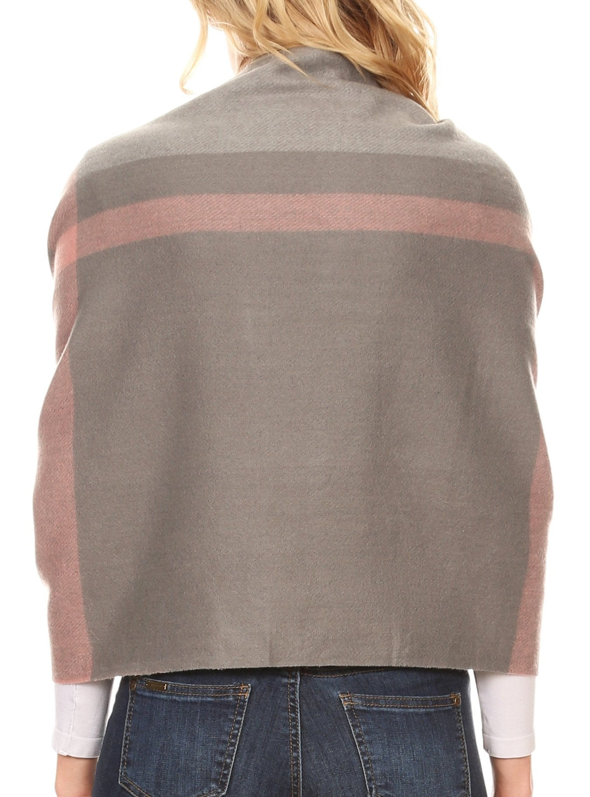 Womens striped pashmina shawl wrap scarf, back view in grey with dusty pink stripes