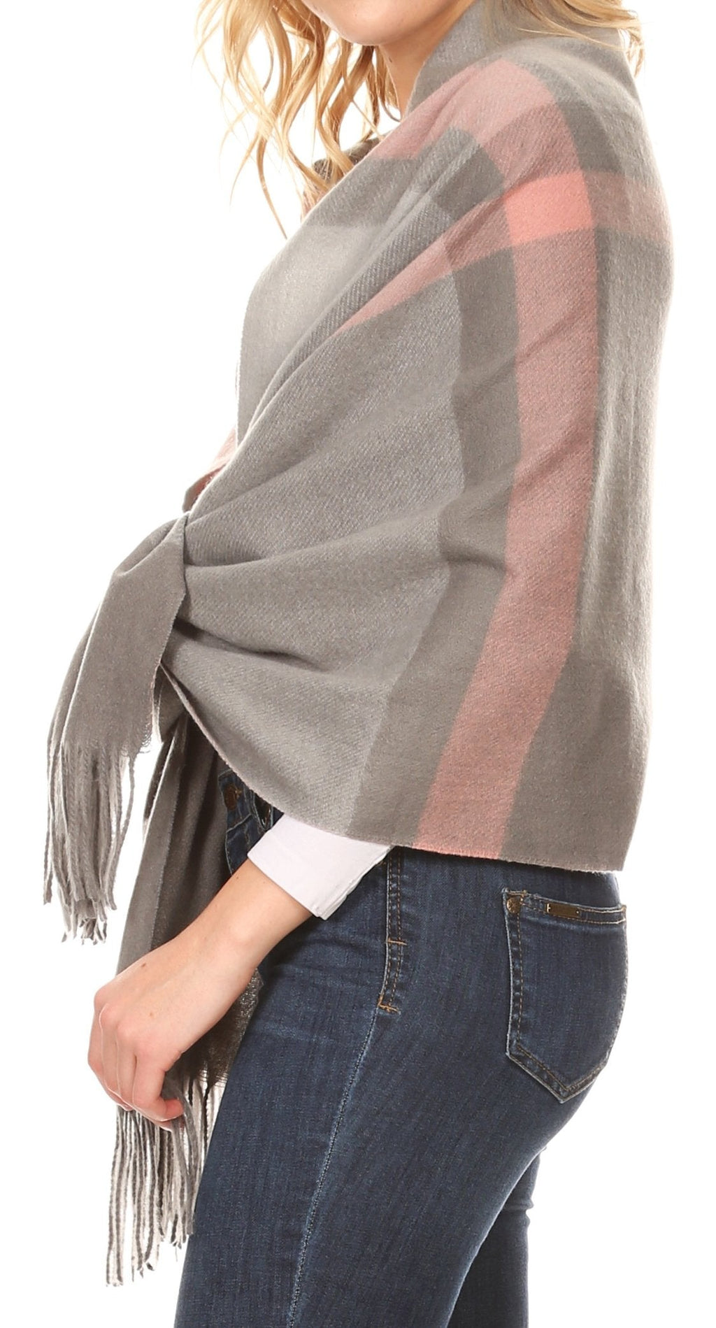Womens striped pashmina shawl wrap scarf with fringe ends, grey with pink band