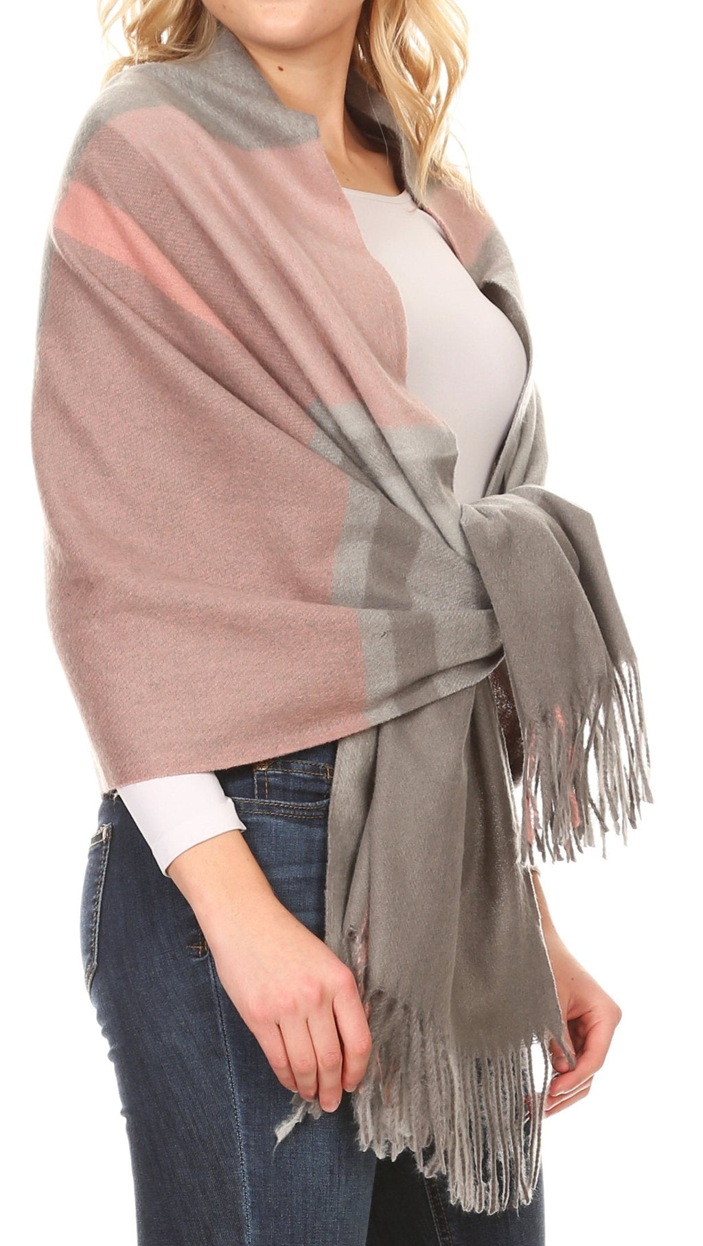 Womens striped pashmina shawl wrap scarf with fringe, mauve and grey panel stripes