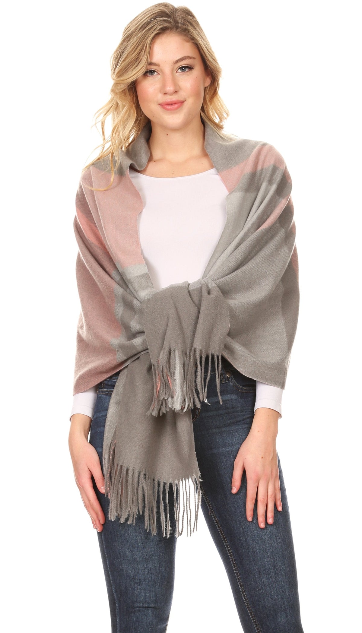 Womens striped pashmina shawl wrap scarf with fringe, grey and dusty pink color blocks