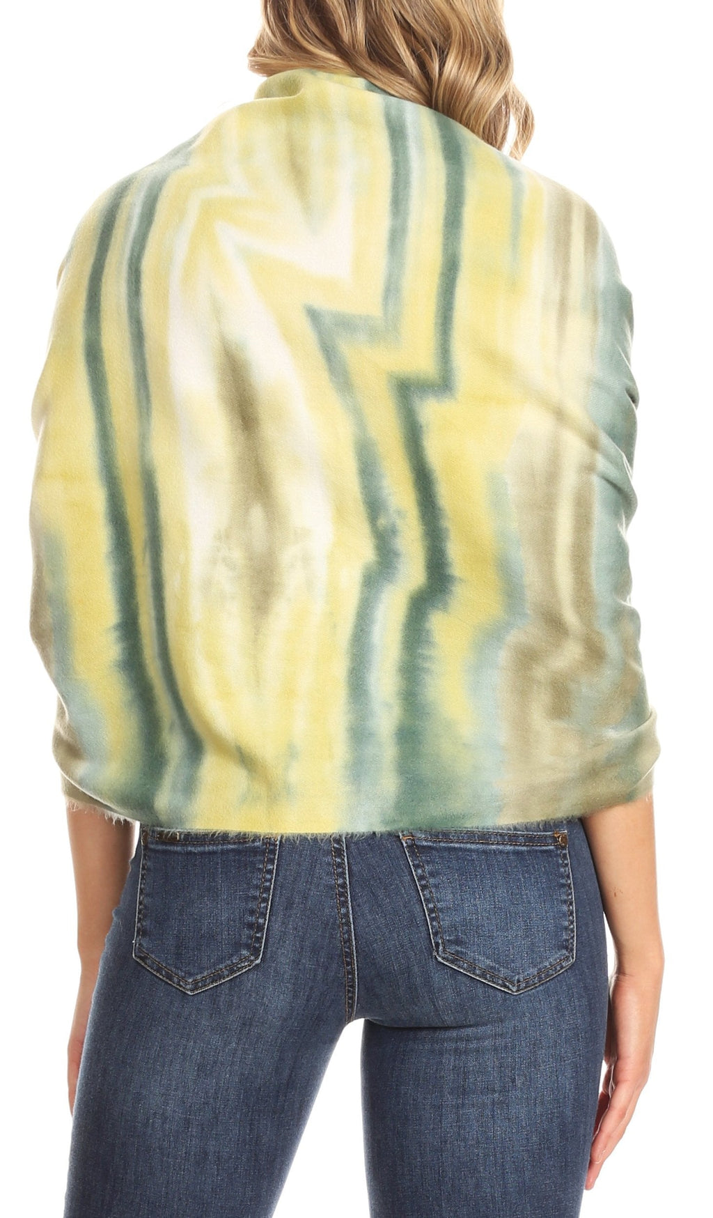 Women's green-and-yellow striped pashmina shawl with abstract pattern, shown from back