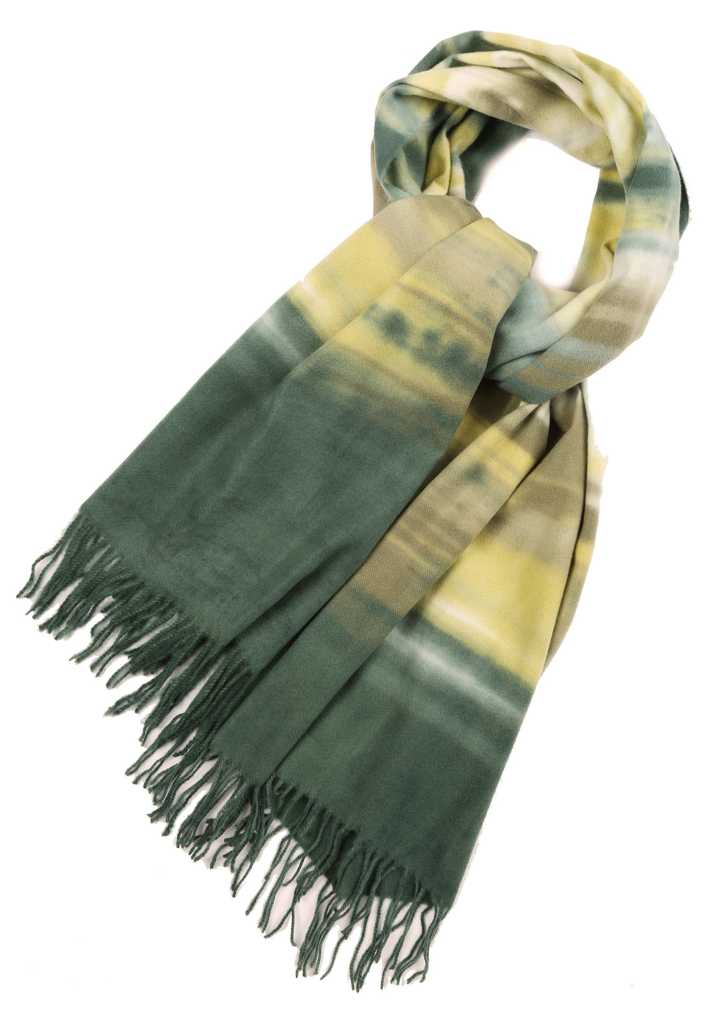 Green-and-yellow striped pashmina shawl scarf with fringe ends on both sides