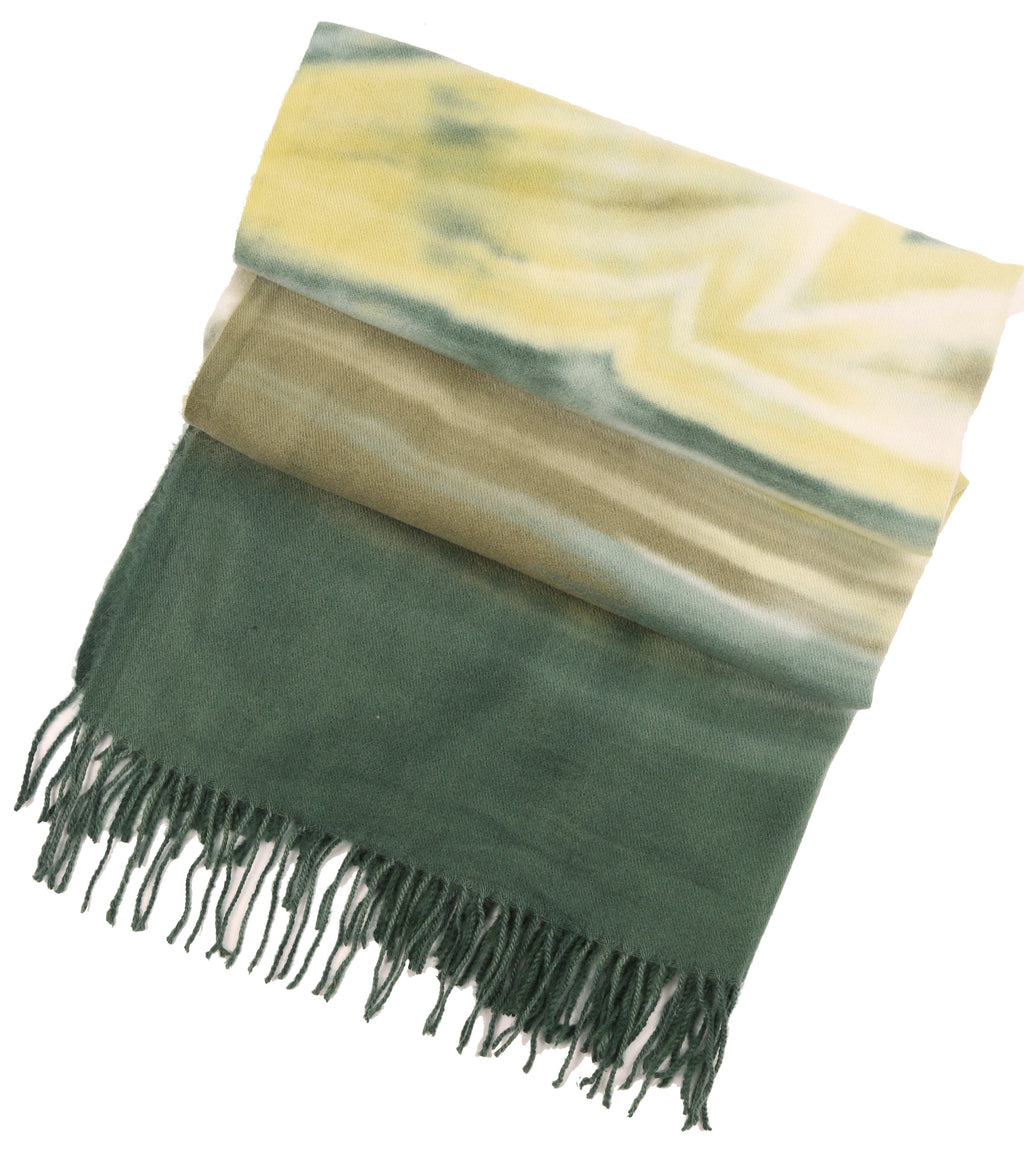 Women's pashmina shawl scarf with green body, yellow-blue top stripe, and dark fringe