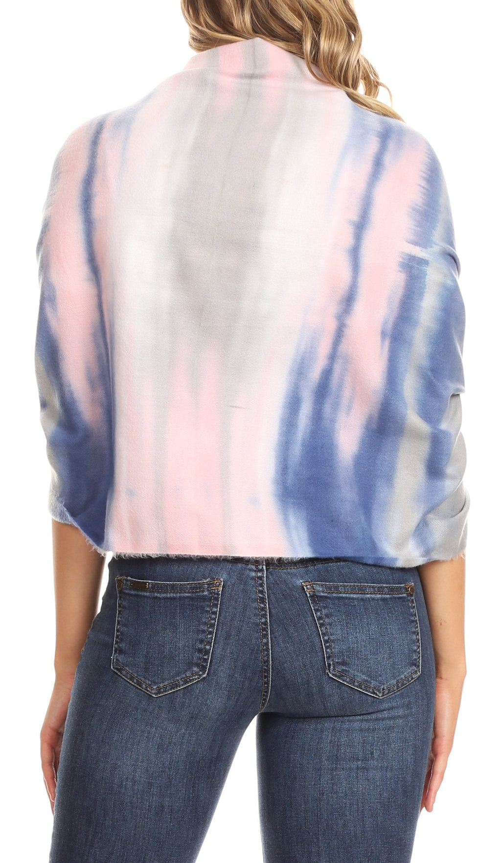 Women's pashmina shawl scarf draped in blue, white, and light pink tie-dye