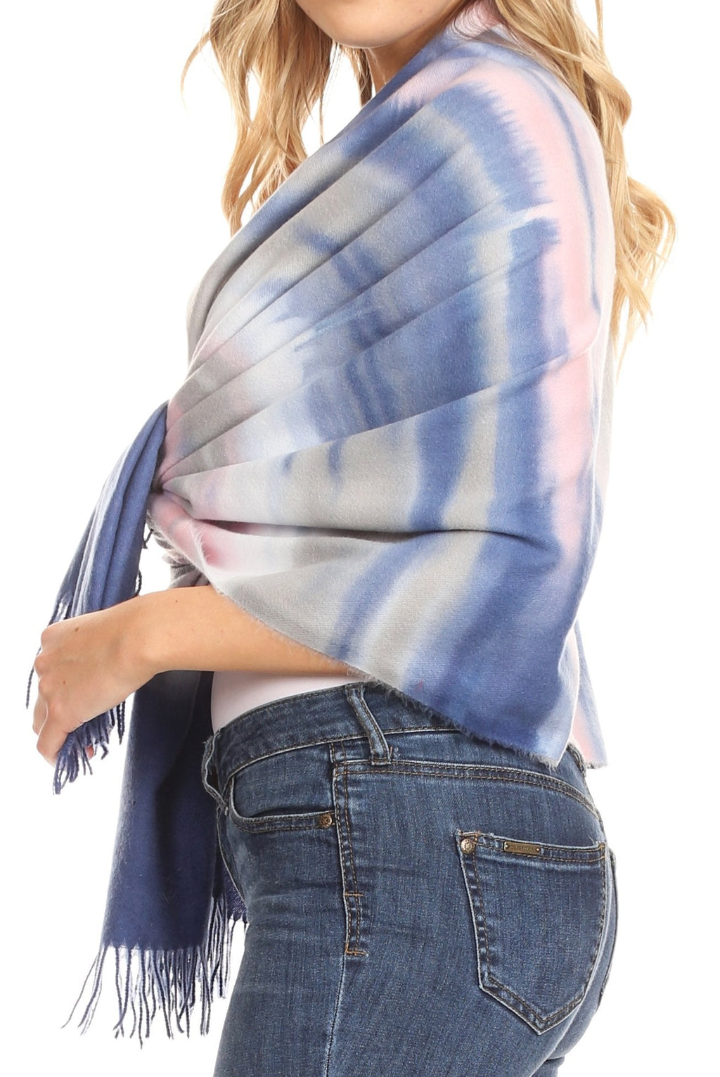 Women's pashmina shawl scarf with light blue and pink tie-dye and long fringed ends