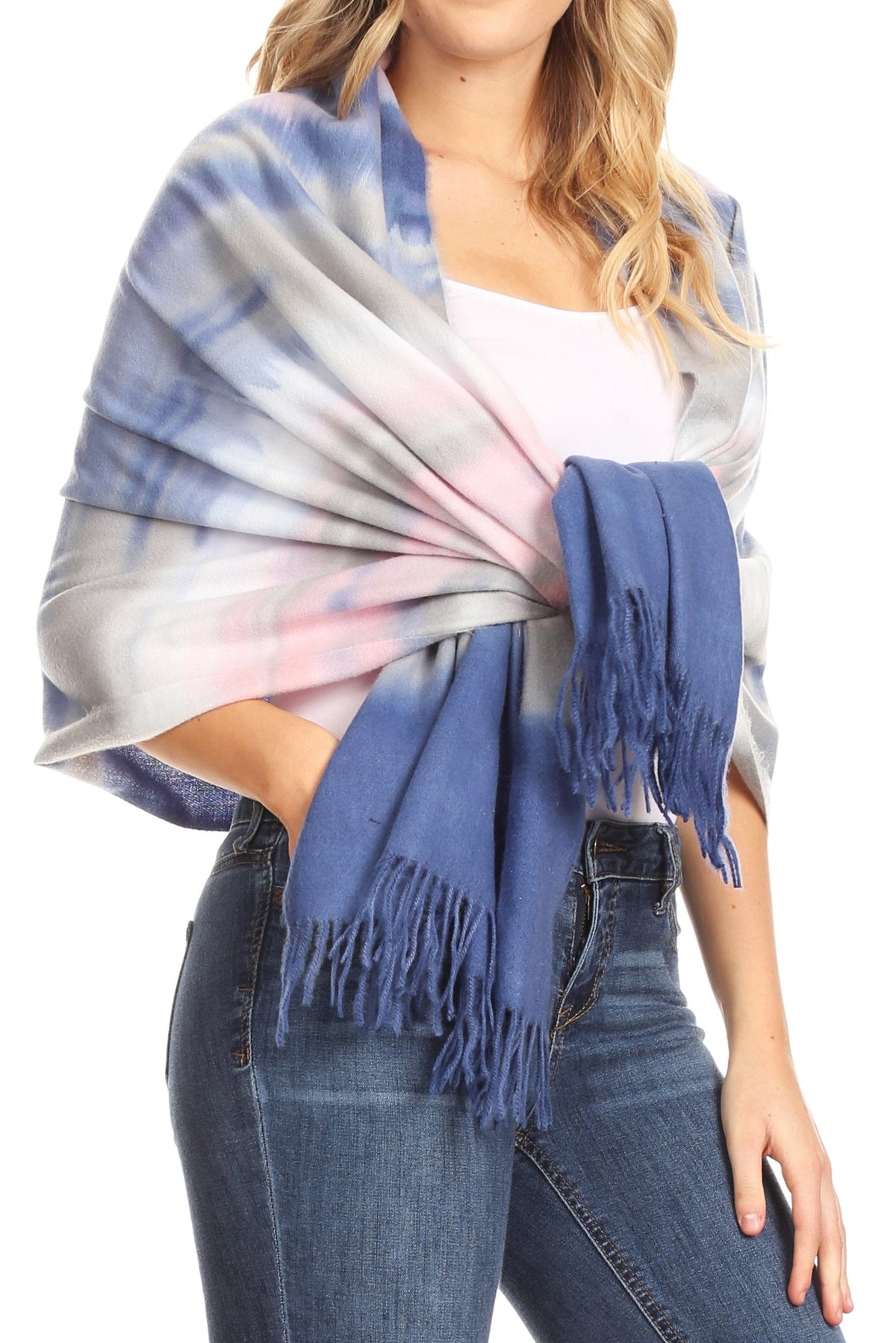 Women's pashmina shawl scarf with blue, white, and pink tie-dye and dark blue fringe