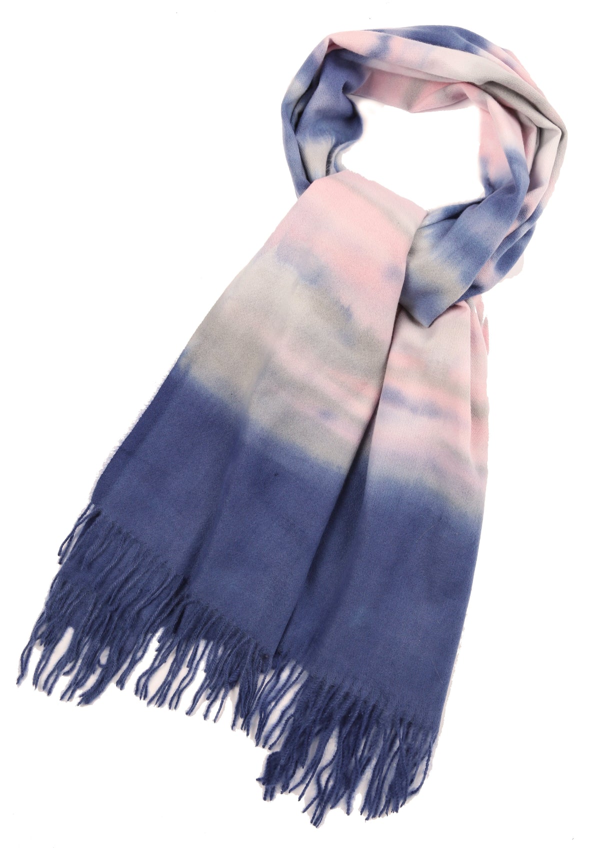 Women's pashmina shawl scarf with pastel blue and pink ombre and dark navy fringe