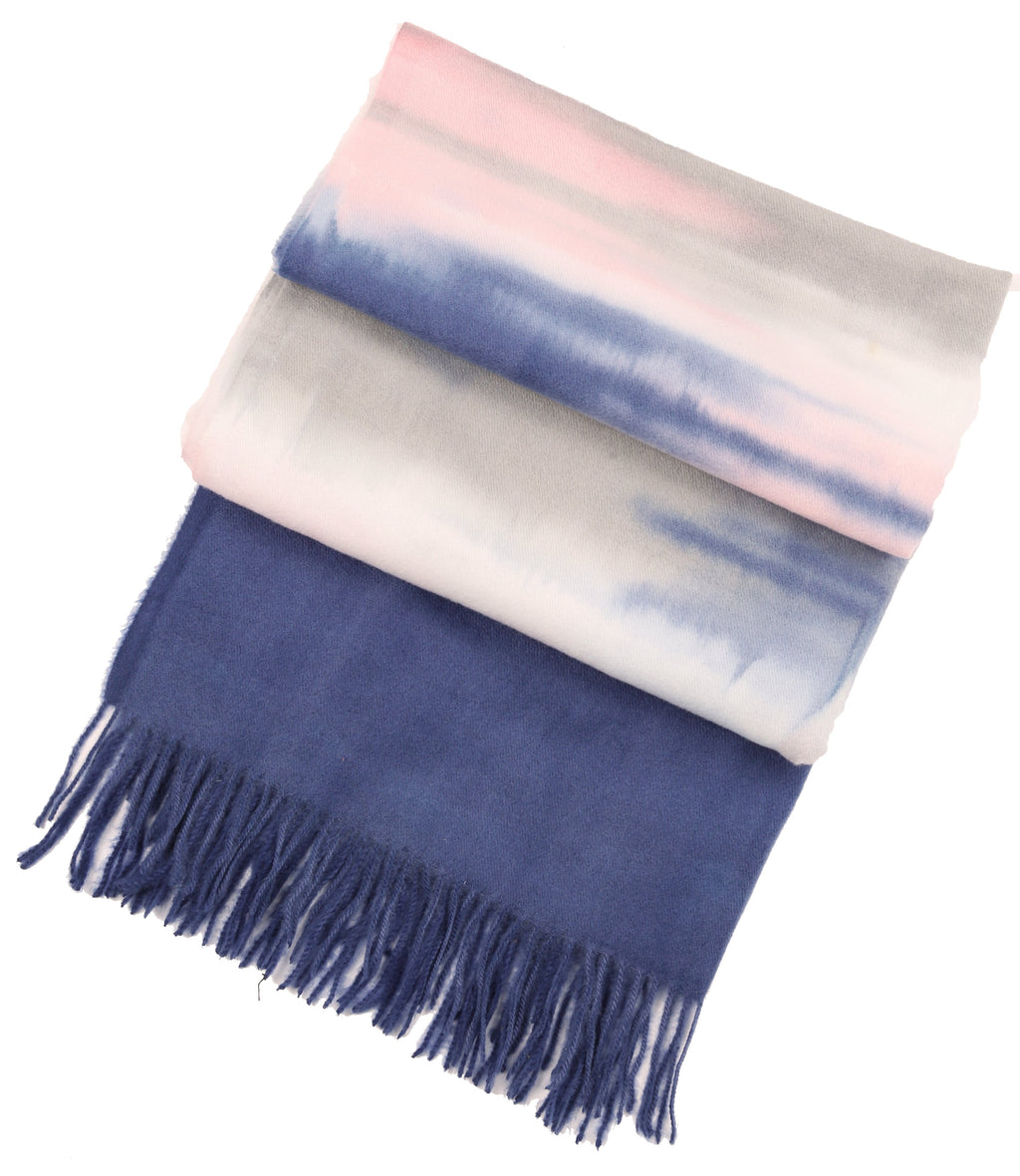 Women's pashmina shawl scarf with pastel pink, white, and blue stripes and dark navy fringe