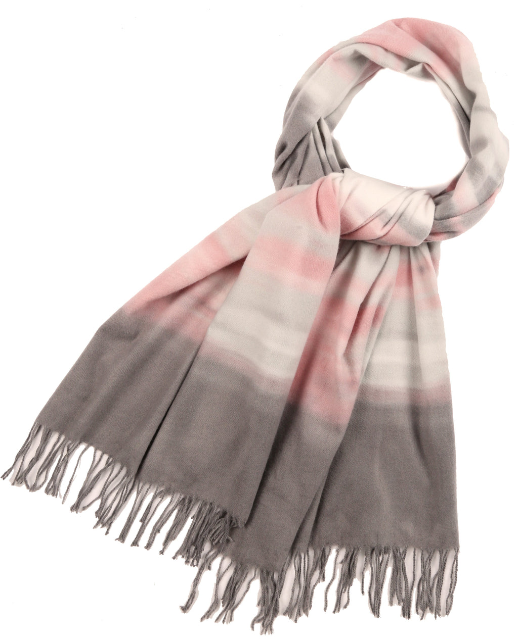 Pink and gray striped pashmina shawl scarf with long gray fringed ends.