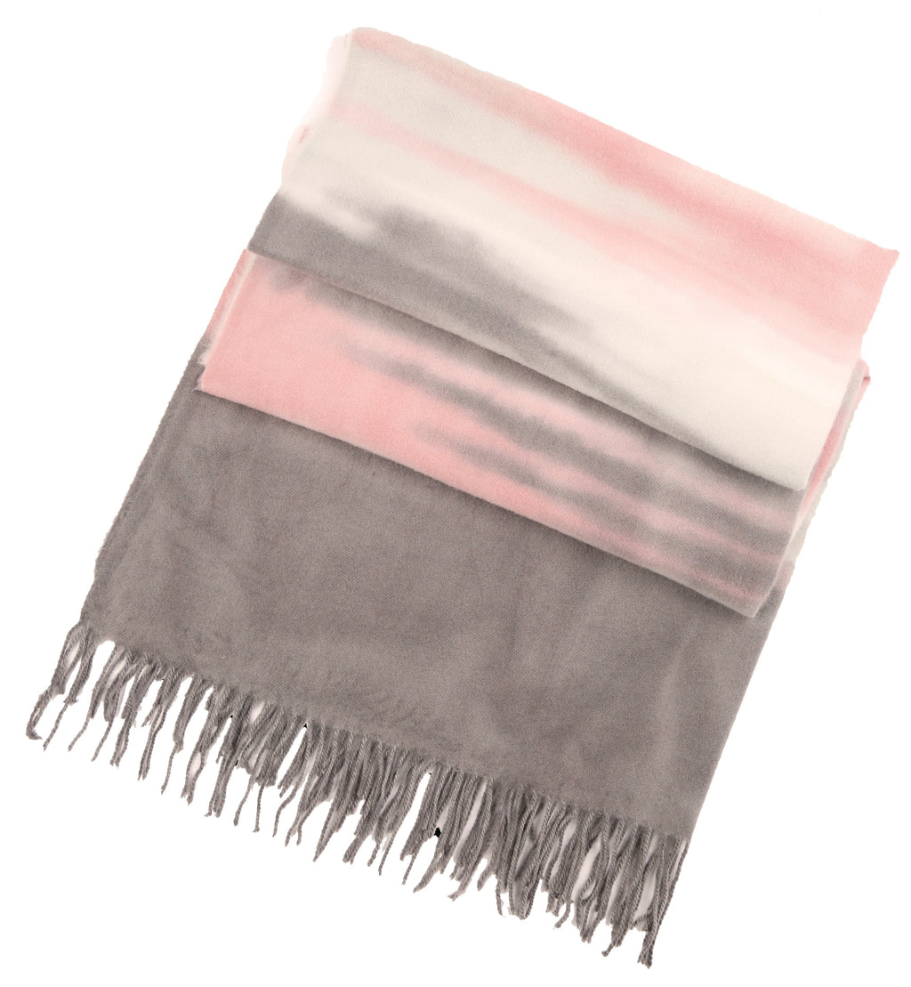 Pink and gray striped pashmina shawl scarf folded, with gray fringed trim.