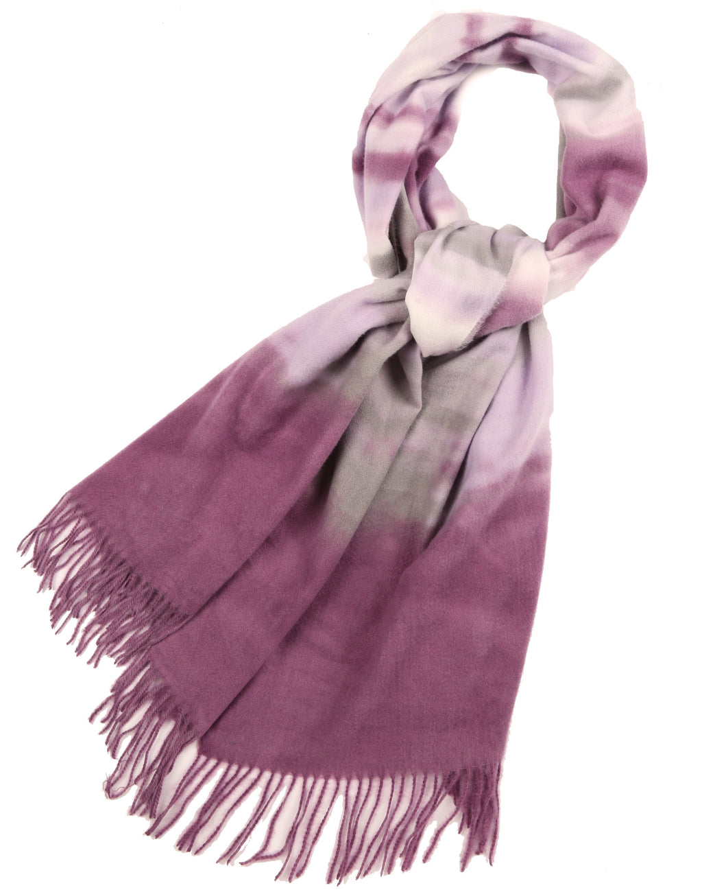 Purple and gray striped pashmina shawl scarf with fringed ends and tied loop