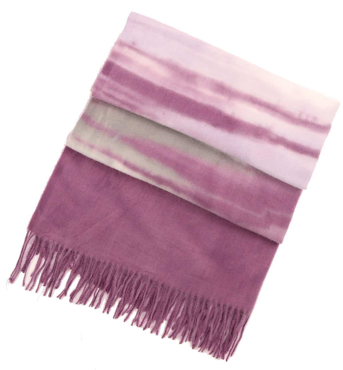 Lavender, plum, and cream striped pashmina shawl scarf with fringed hem