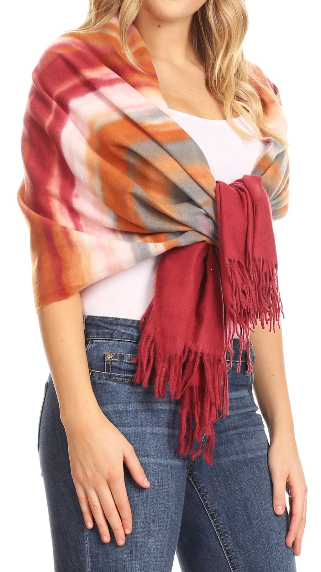 Maroon and orange striped pashmina shawl scarf with fringe detailing