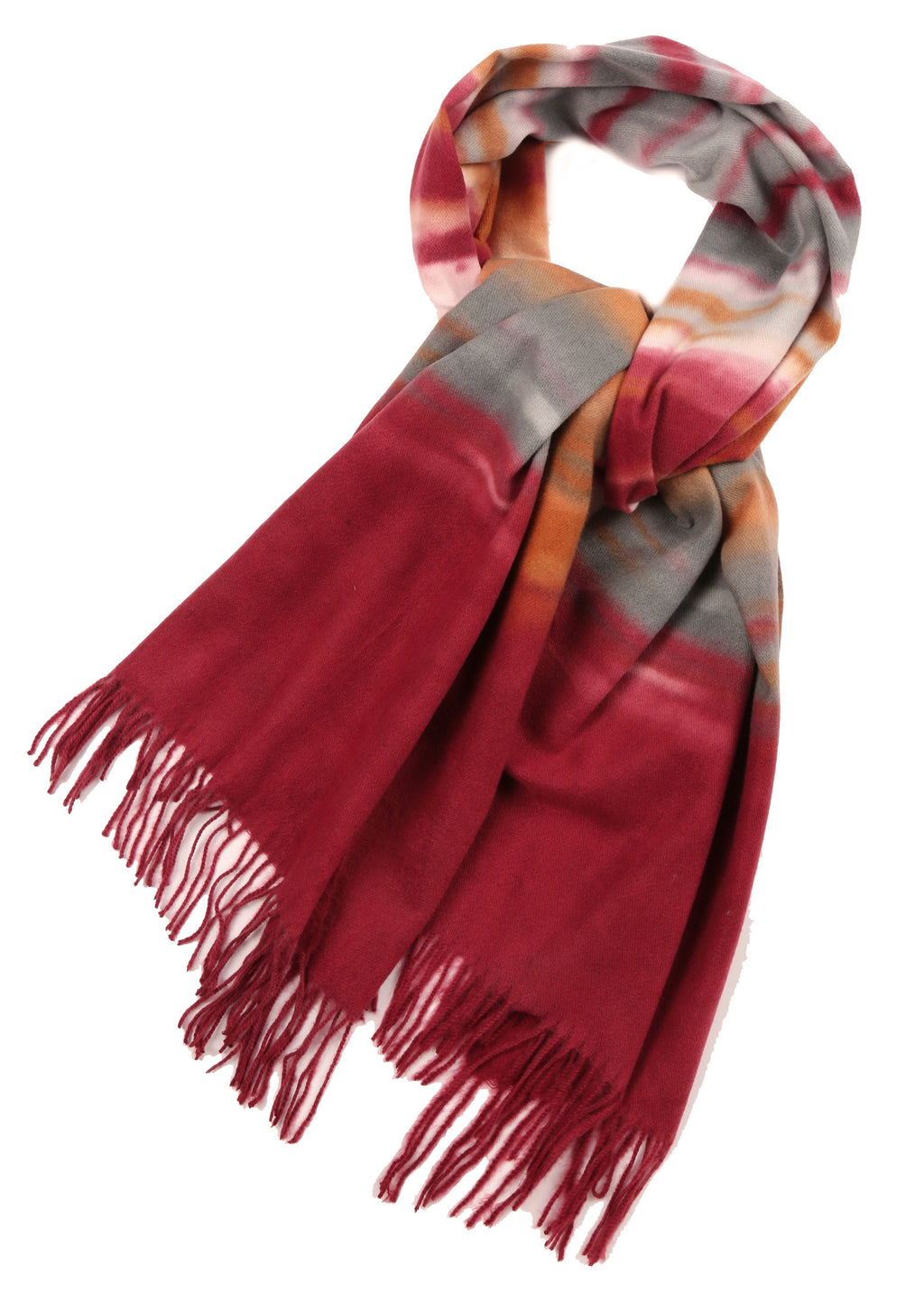 Burgundy pashmina shawl scarf with multicolor stripe pattern and fringed ends