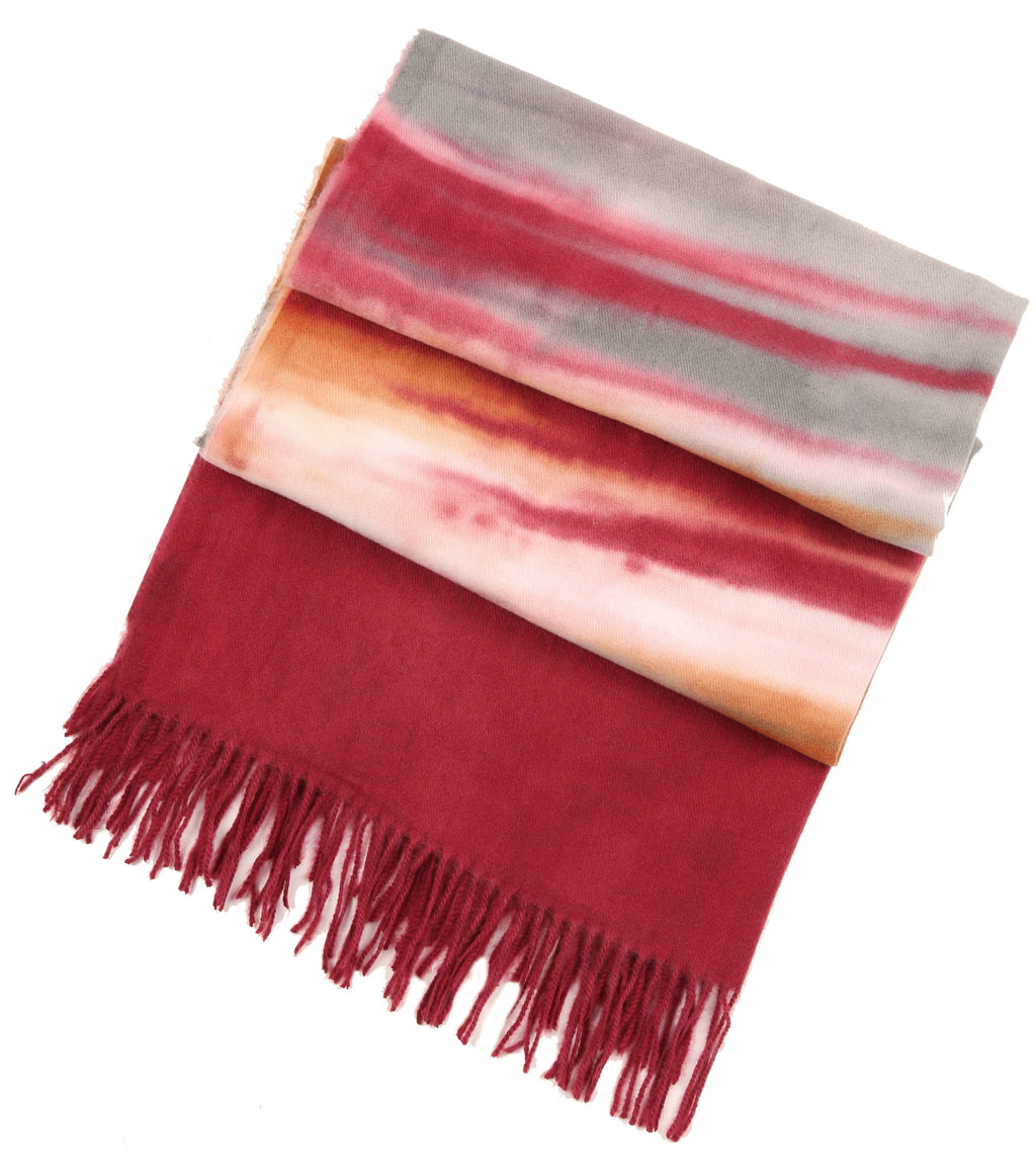Burgundy pashmina shawl scarf with peach, orange, and gray horizontal stripes and fringe