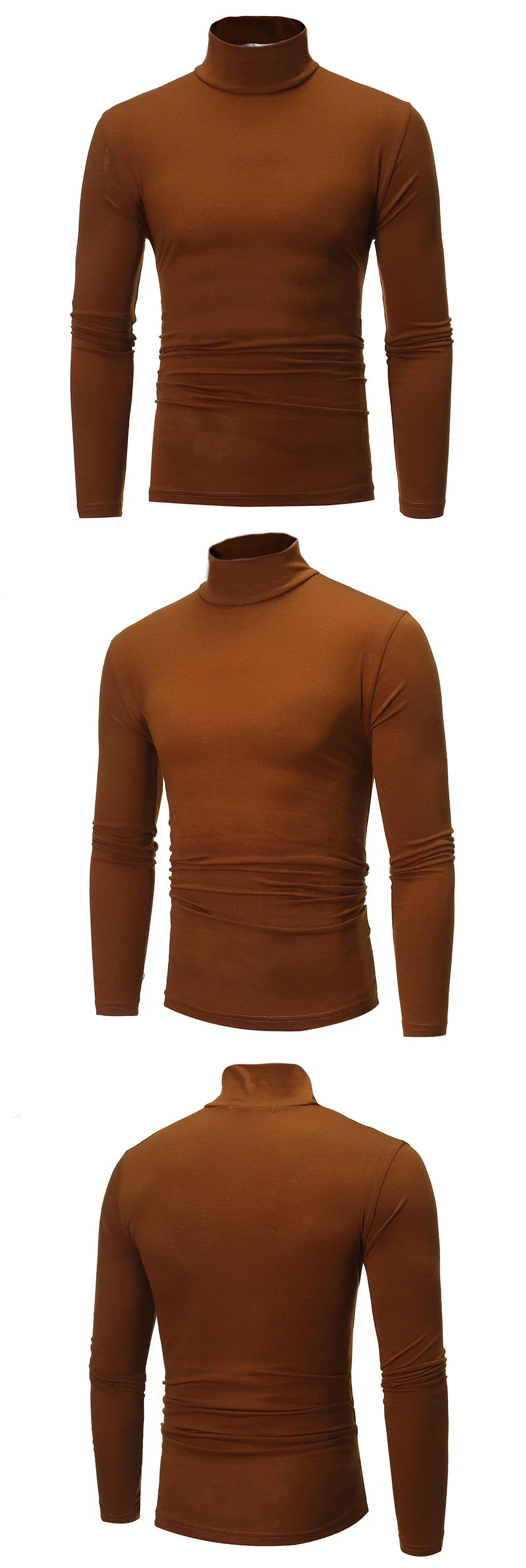 Coffee brown slim-fit thermal shirt, high neck long sleeves; front and back views