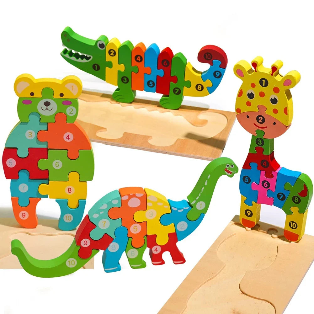 3D wooden animal number puzzle board with colorful dinosaur, elephant, and lion pieces