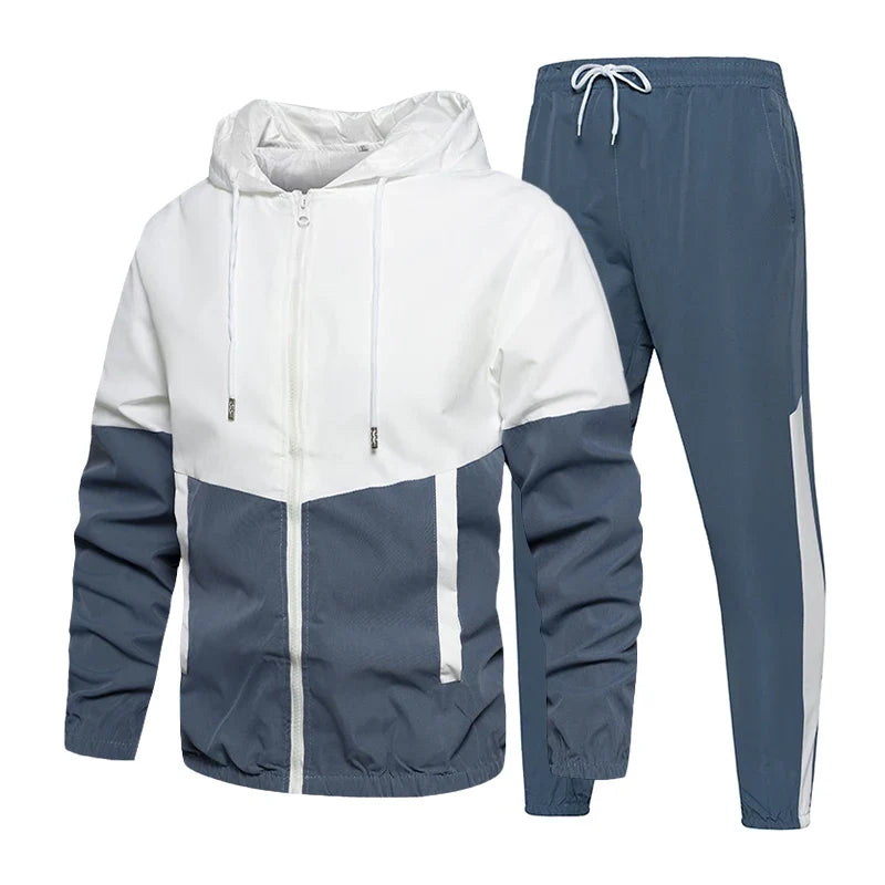 Men’s color-block hooded windbreaker jacket and jogger pants set, white and navy/blue