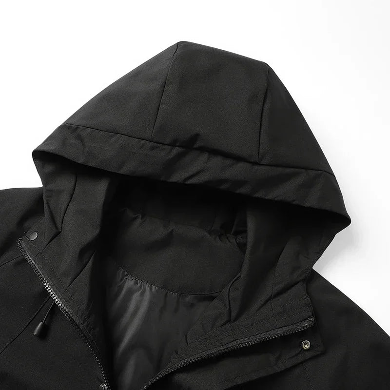 Unisex waterproof windbreaker jacket with hood and high collar detail, dark color.