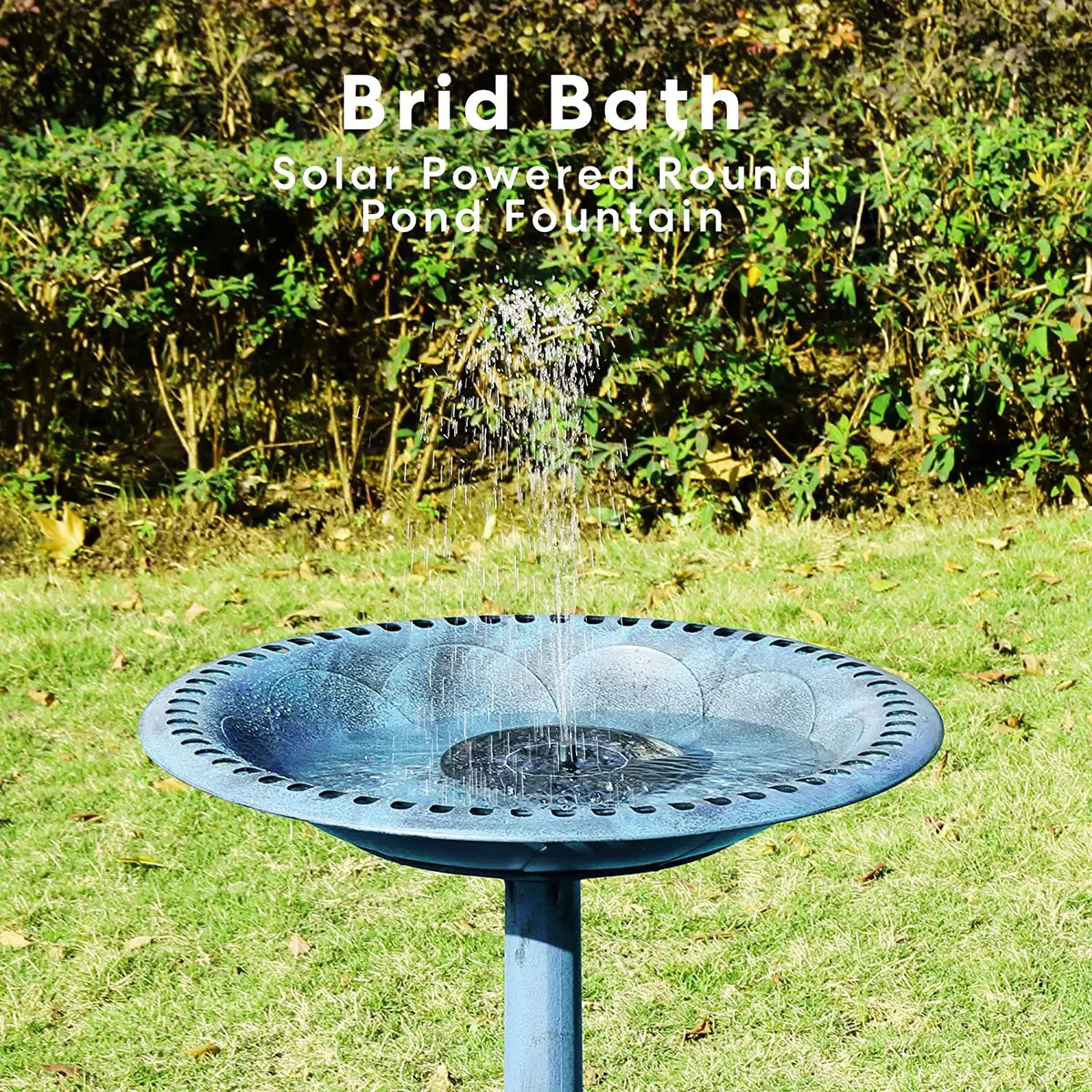 Blue outdoor bird bath fountain with round perforated bowl on pedestal