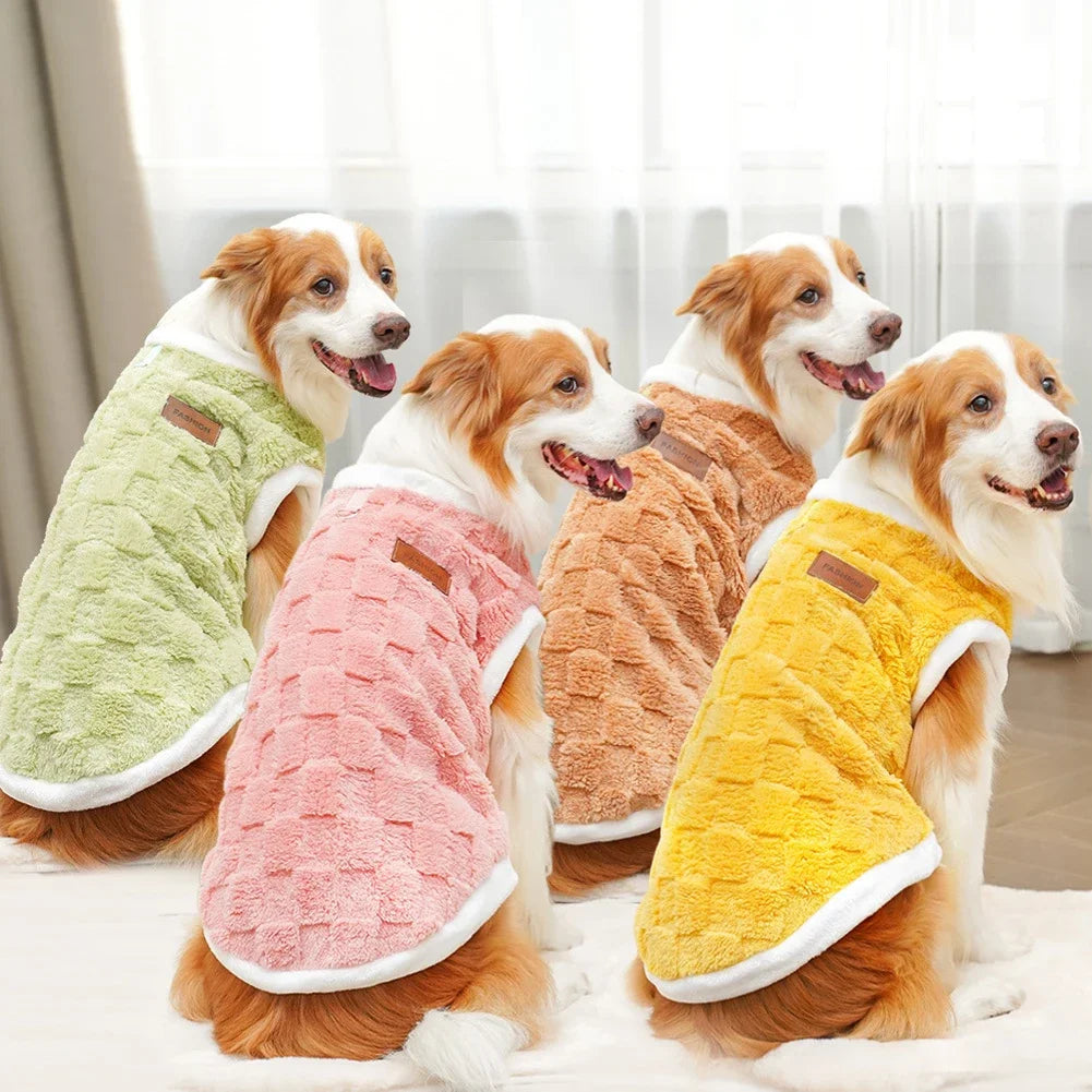 Assorted fleece dog sweaters in green, pink, brown, and yellow with brown patch label