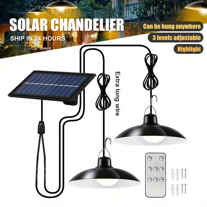 Solar outdoor pendant light set with solar panel, two hanging black lamp shades, remote