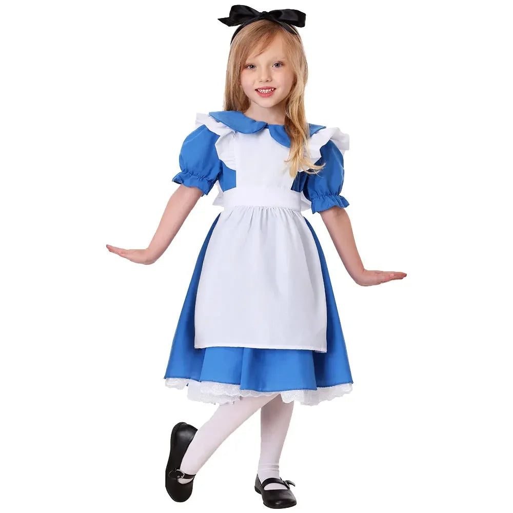 Blue and white maid costume dress with black bow headband and lace-trim skirt hem