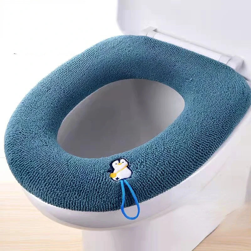 Blue plush toilet seat cover mat with handle cord and cute animal patch