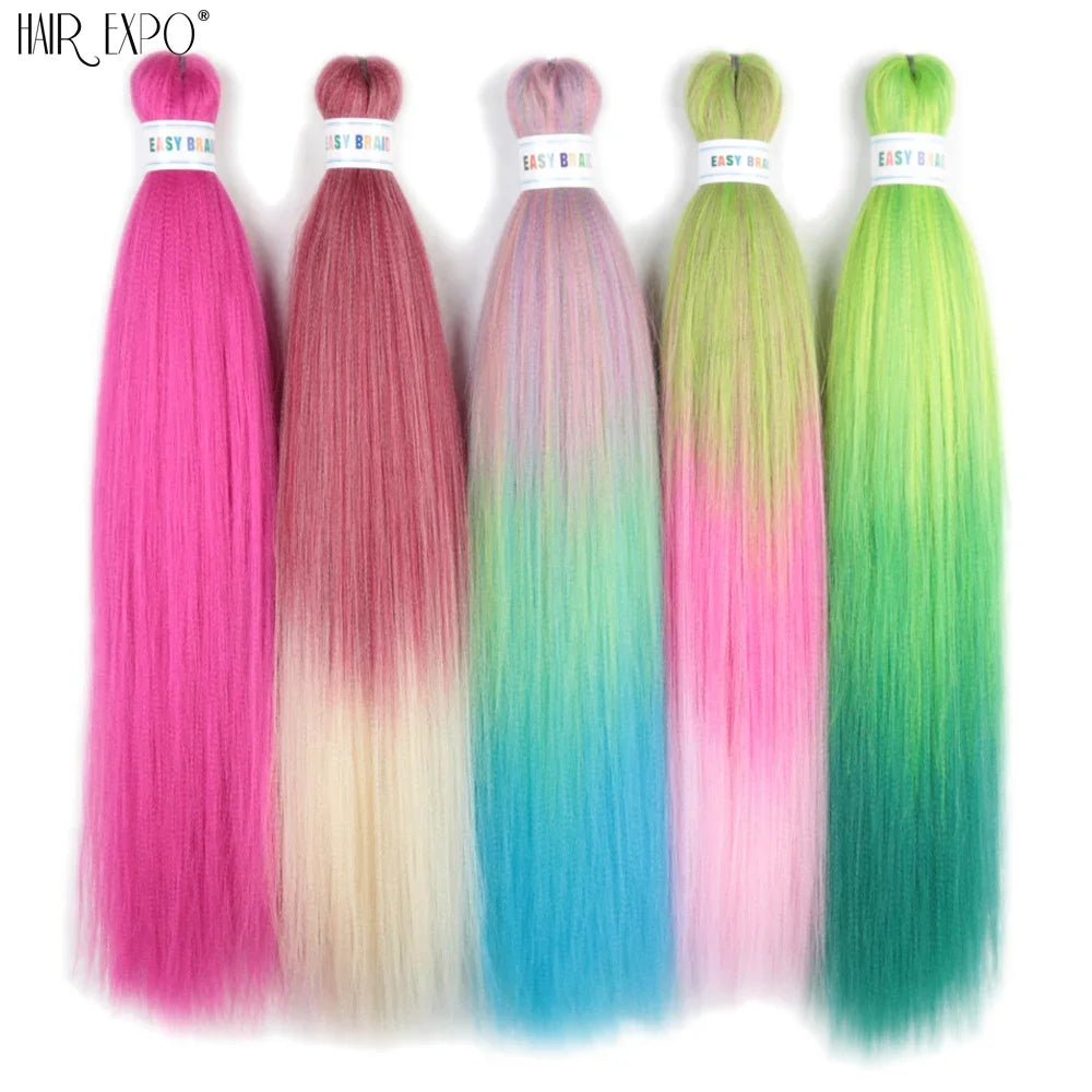 Ombre braiding hair extension bundle lineup in bright pink, teal, and green