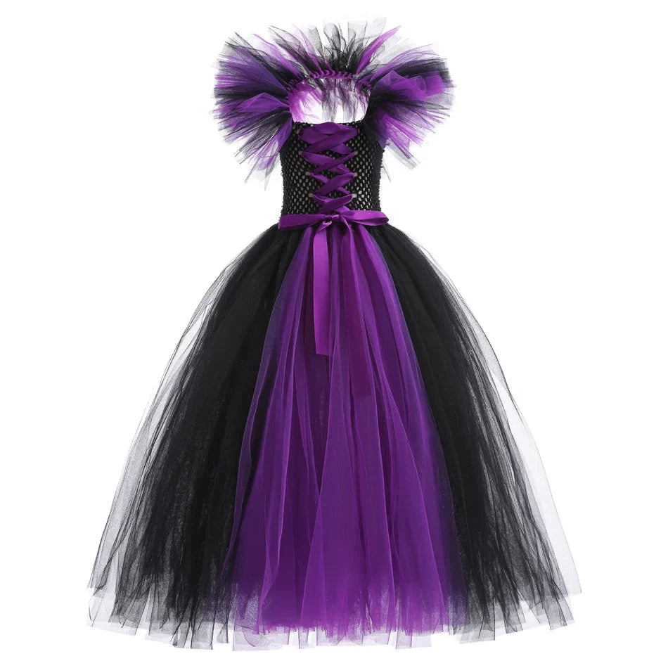 Girls black and purple tulle dress with purple corset lace and ruffled off-shoulder trim