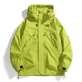 Unisex waterproof windbreaker jacket in bright lime green with adjustable hood.