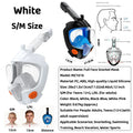 White full-face snorkel mask infographic with clear visor and orange vent
