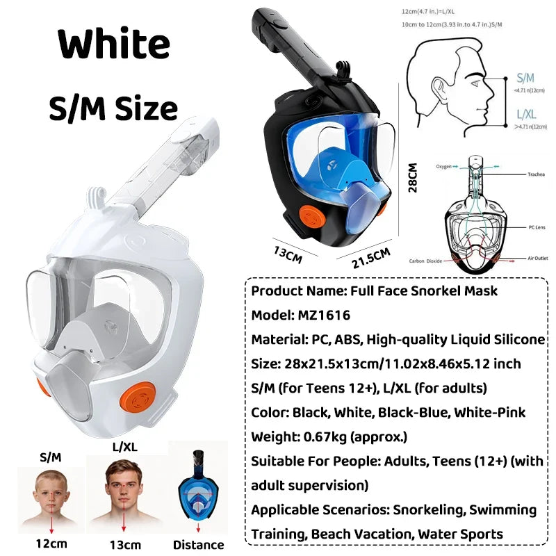 White full-face snorkel mask infographic with clear visor and orange vent