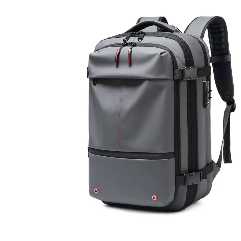 17-inch laptop backpack in light grey with front zipper, side pocket, and shoulder straps.