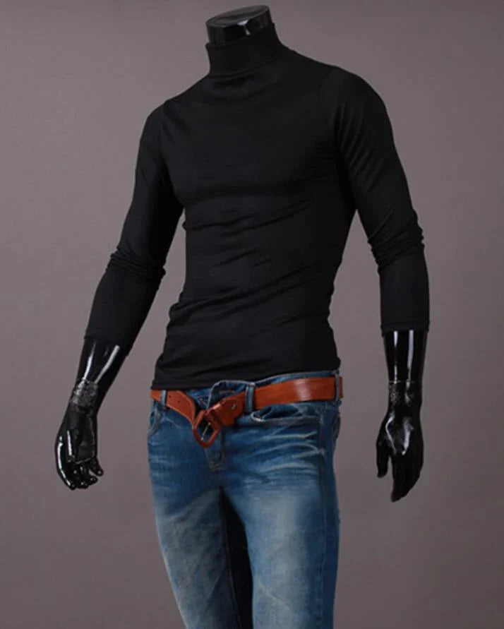 Men’s slim-fit thermal shirt with high neck and long sleeves, black