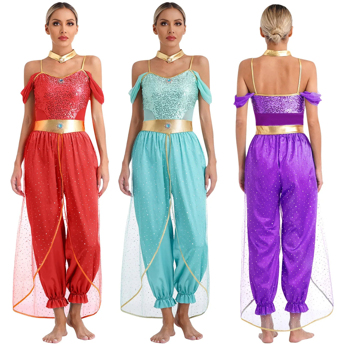 Sequined belly dancer costume in red, turquoise, and purple with draped sleeves and pants