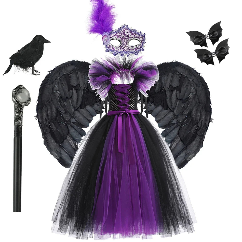 Girls purple and black tulle cosplay dress with feather wings and matching headpiece