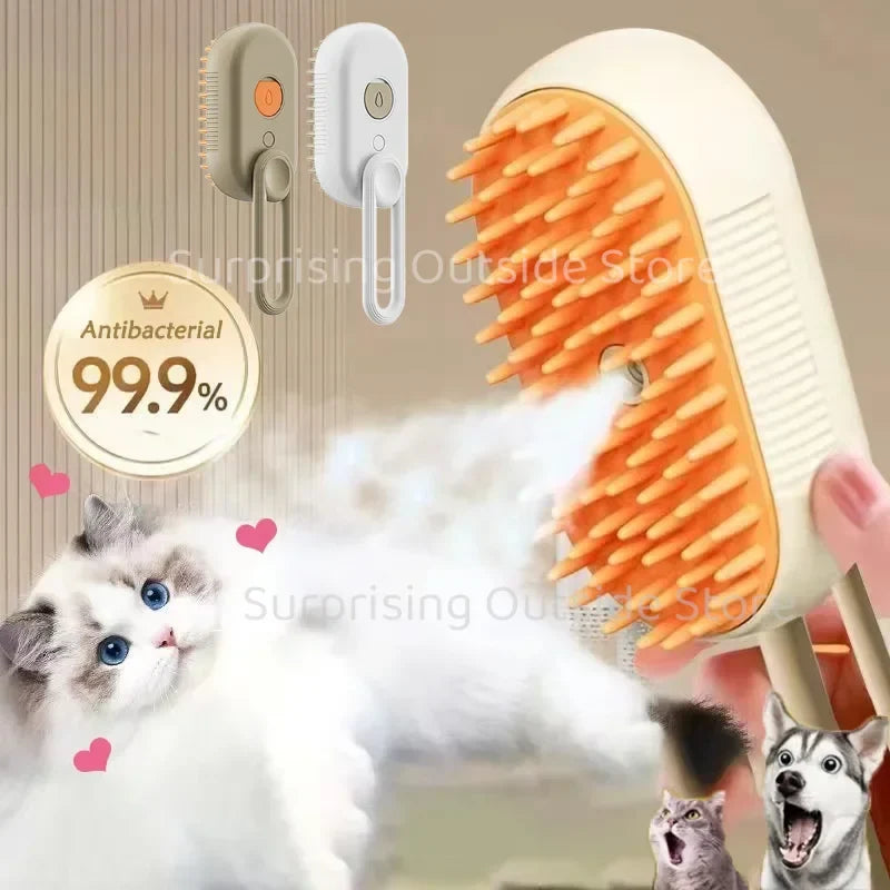 Pet steam brush with white handle, orange bristle head and visible steam plume