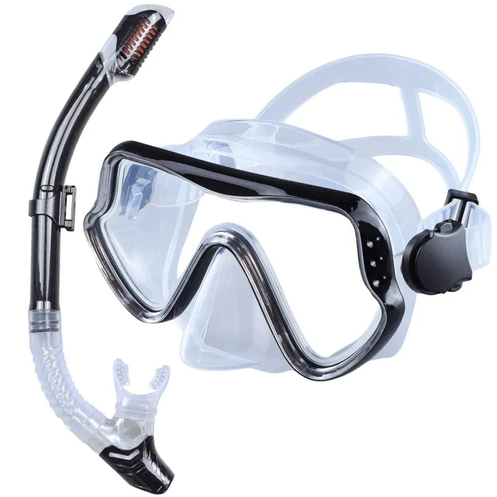 Clear and black adult snorkel mask set with panoramic tempered glass lenses and dry snorkel