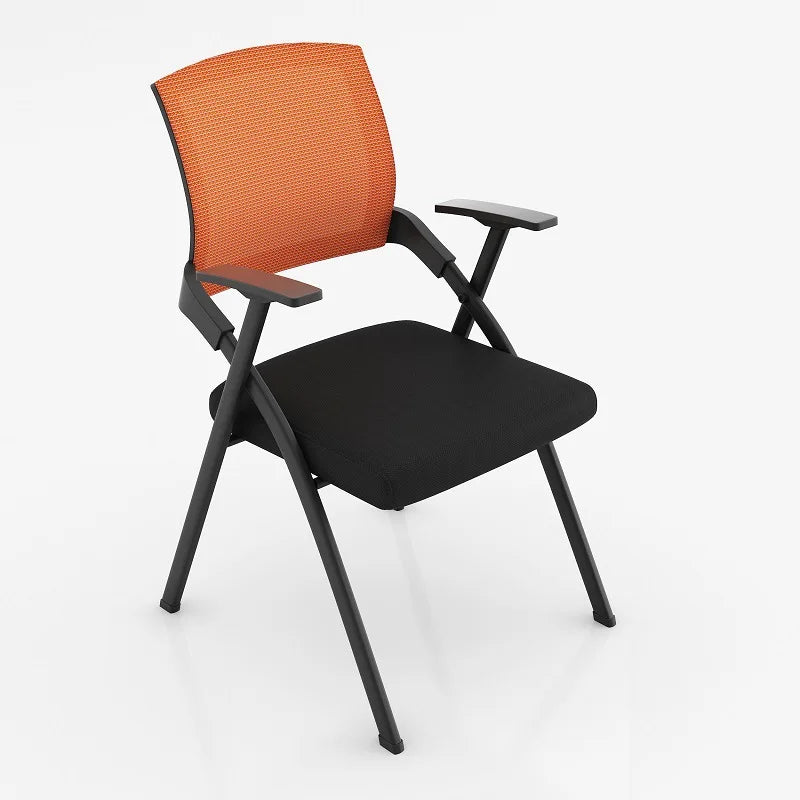 Folding training chair with desk board, orange mesh back, black cushioned seat, black frame