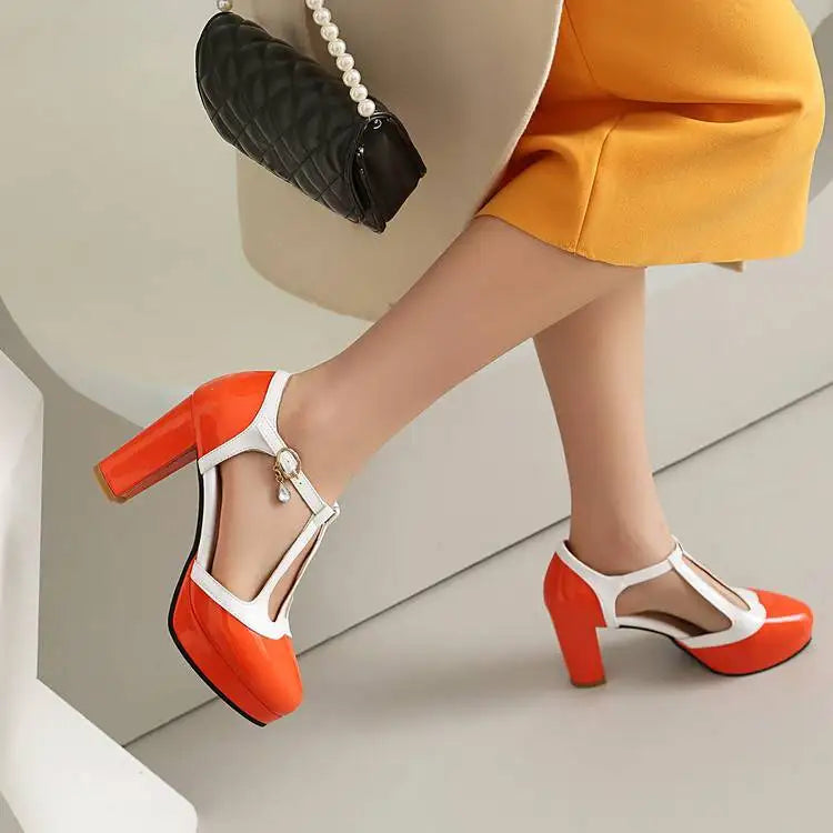 Red-and-white high-heel Mary Jane shoes with square heel and ankle strap buckle