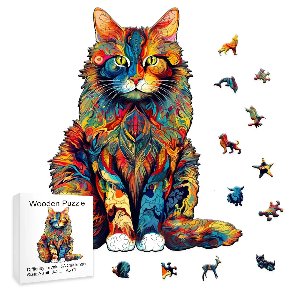 Colorful wooden cat jigsaw puzzle with loose pieces and boxed puzzle card