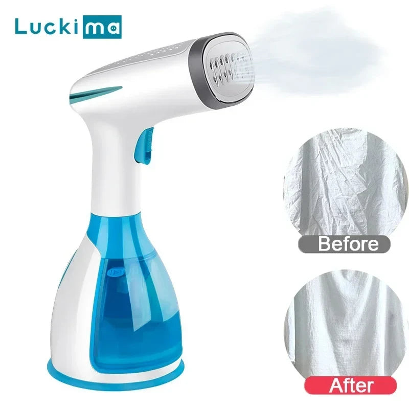 Handheld fabric steamer with blue water tank and wide steam nozzle
