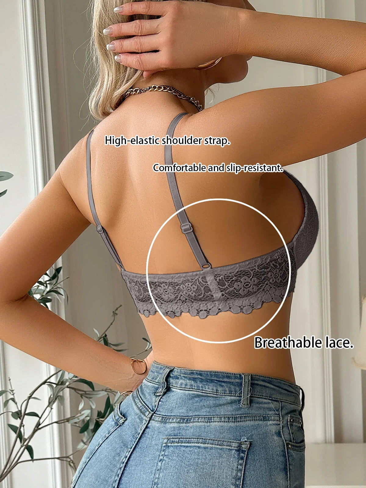 Lavender lace bra with adjustable straps and breathable back lace panel